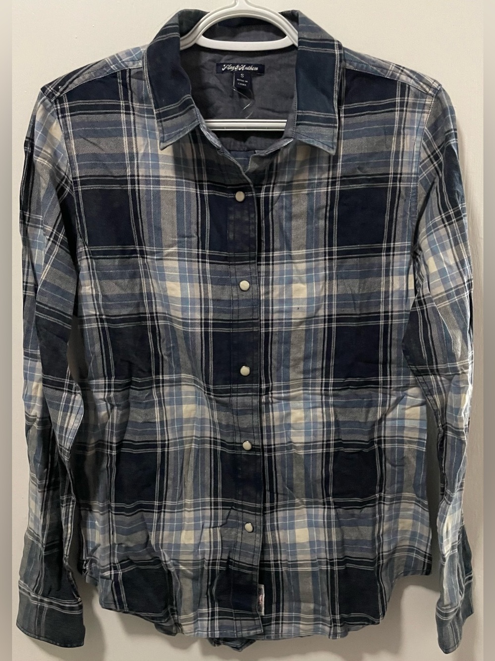 Flag &Anthem Women Deep Navy Blue White Plaid Snap-Front Shirt Long Sleeve Small